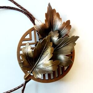 💎Handmade K&T Signed Bronze Maple Leaf Brooch Bolo Tie Brown Braided Cord